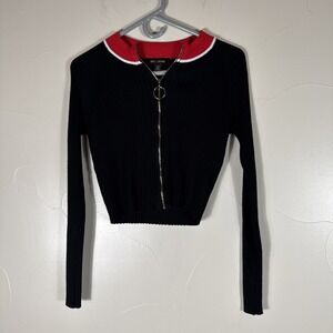 Qed London Full Gold Zip Ribbed Crop Sweater Black Red White Large